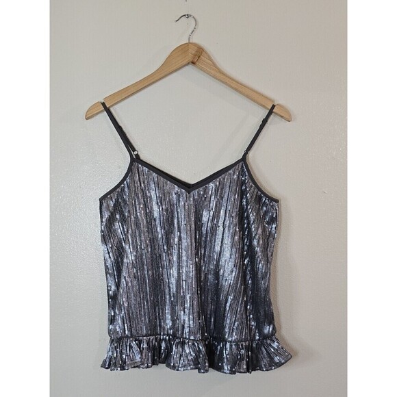 Anthropologie Tops - Anthropologie Sequin Cami Top Womens Size 4 Amelie Blouse Pleated Peplum Silver